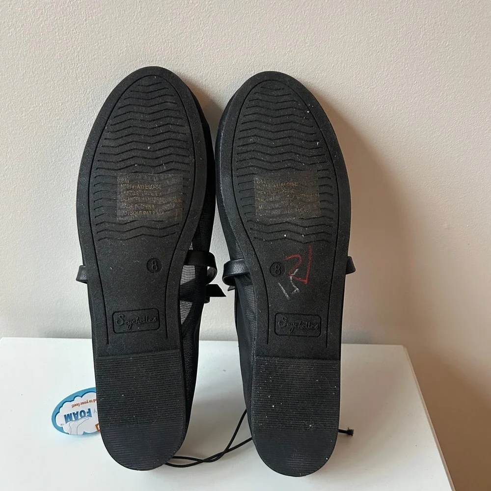 Seychelles Sheer Mesh Ballet Flats 8 Black Eloise Memory Foam Mary Jane Bow